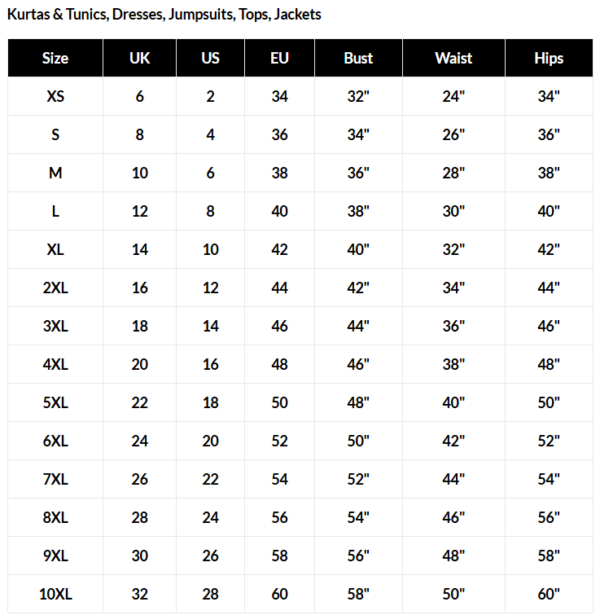 dress, kurta, top, jackets size chart | dress, kurta, tops