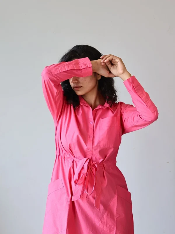 Pink Shirt Dress with Pockets | Pocket Dress Woman wearing hot pink button-down shirt dress with waist tie and invisible side pockets, Pocket Dress India