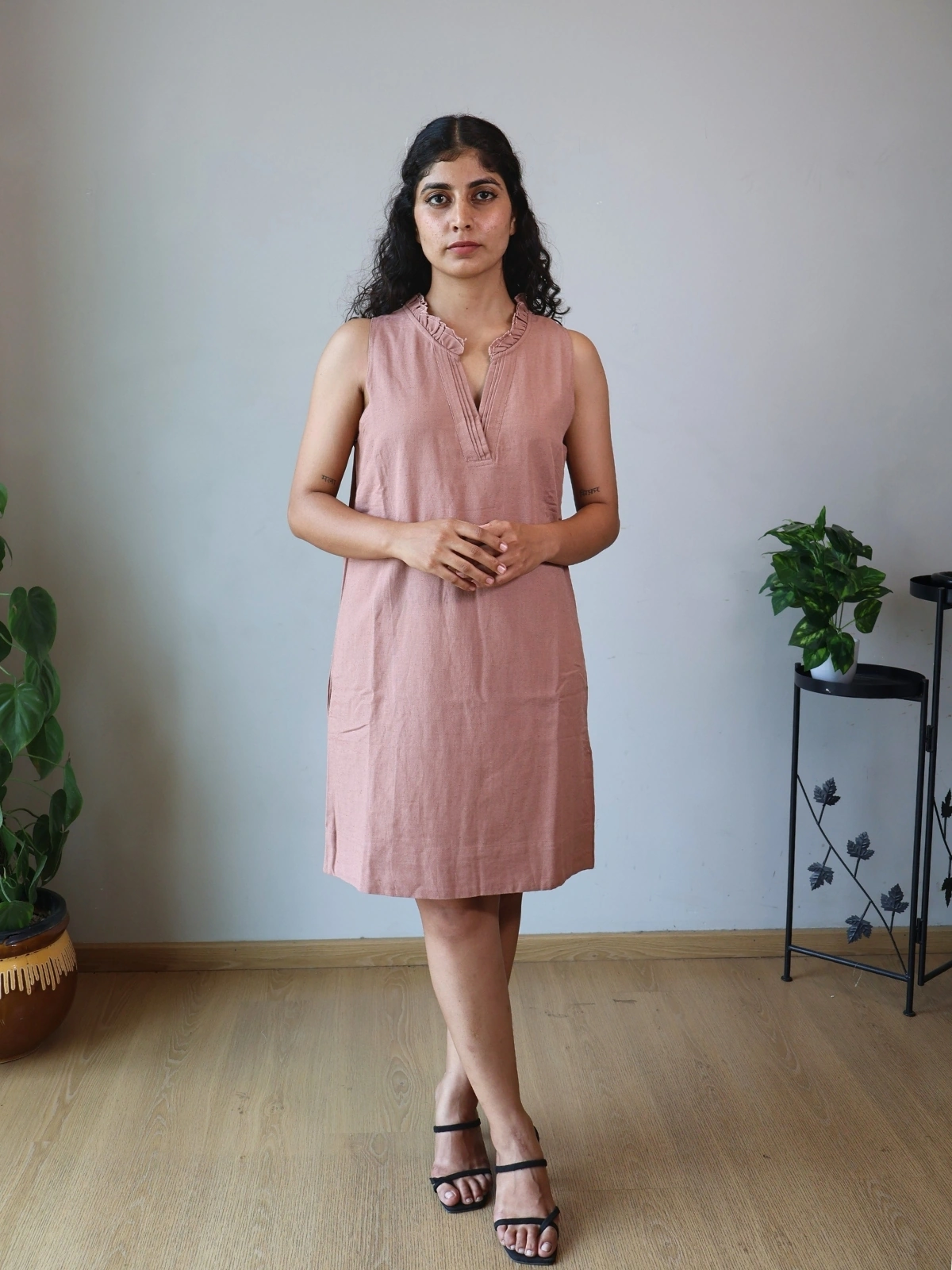 Mocha linen dress with pockets, front view, Pocket Dress