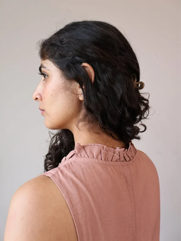 Mocha Ruffled Shift Dress with Pockets | Pocket Dress Woman wearing dusty mocha sleeveless shift dress with ruffled V-neckline and invisible side pockets, Pocket Dress India