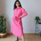 Pink Shirt Dress with Pockets | Pocket Dress Woman wearing hot pink button-down shirt dress with waist tie and invisible side pockets, Pocket Dress India