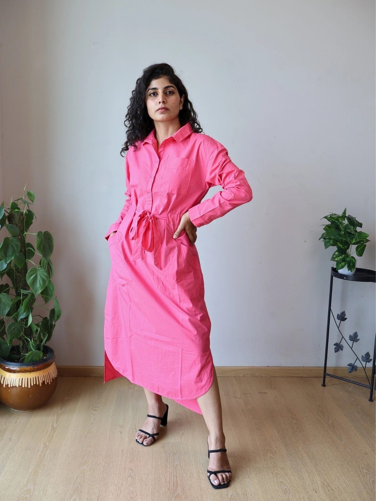 Woman wearing hot pink button-down shirt dress with waist tie and invisible side pockets, Pocket Dress India