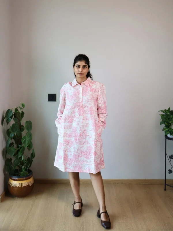 Pink Floral Toile Shirt Dress with Pockets | PD006 Pocket Dress Woman wearing pink and white floral toile print shirt dress with invisible side pockets, Pocket Dress India