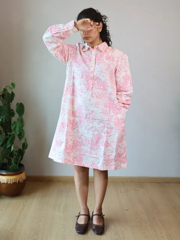 Pink Floral Toile Shirt Dress with Pockets | PD006 Pocket Dress Woman wearing pink and white floral toile print shirt dress with invisible side pockets, Pocket Dress India