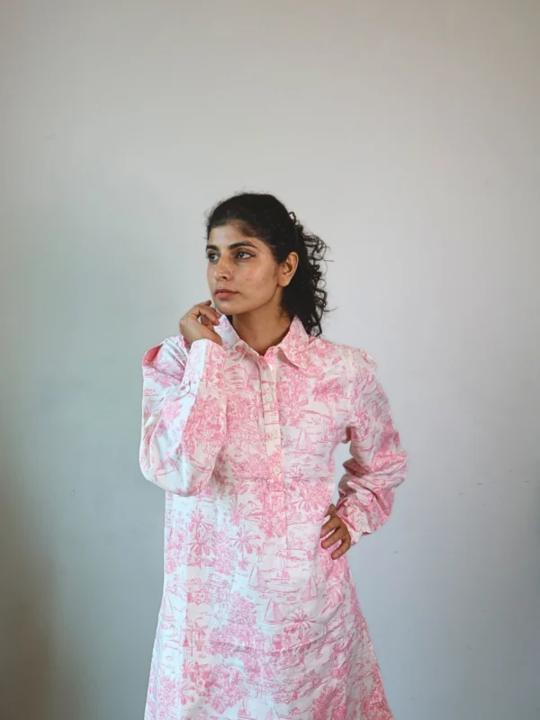 Pink Floral Toile Shirt Dress with Pockets | PD006 Pocket Dress Woman wearing pink and white floral toile print shirt dress with invisible side pockets, Pocket Dress India