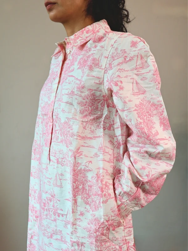 Pink Floral Toile Shirt Dress with Pockets | PD006 Pocket Dress Woman wearing pink and white floral toile print shirt dress with invisible side pockets, Pocket Dress India