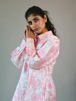 Pink Floral Toile Shirt Dress with Pockets | Pocket Dress Woman wearing pink and white floral toile print shirt dress with invisible side pockets, Pocket Dress India