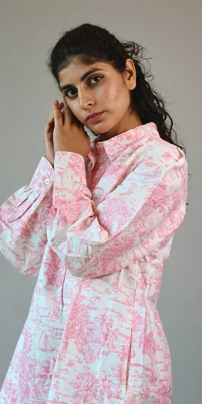 Woman wearing pink and white floral toile print shirt dress with invisible side pockets, Pocket Dress India