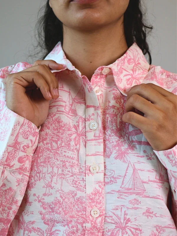 Pink Floral Toile Shirt Dress with Pockets | PD006 Pocket Dress Woman wearing pink and white floral toile print shirt dress with invisible side pockets, Pocket Dress India