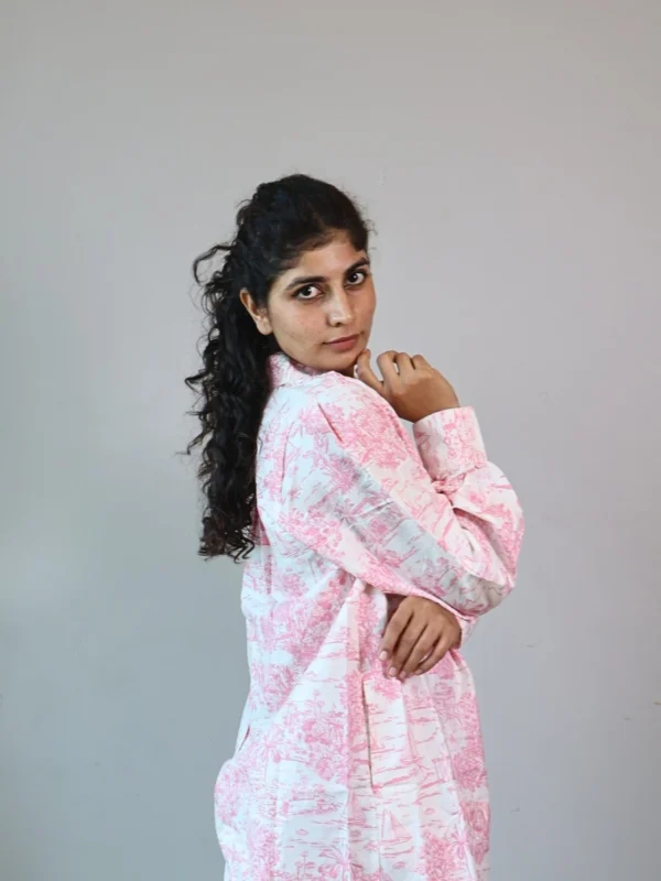 Pink Floral Toile Shirt Dress with Pockets | PD006 Pocket Dress Woman wearing pink and white floral toile print shirt dress with invisible side pockets, Pocket Dress India