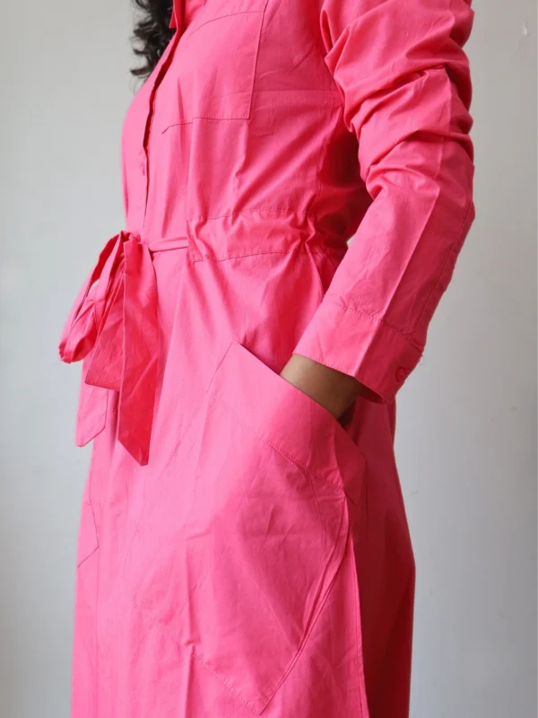Pink Shirt Dress with Pockets | Pocket Dress Woman wearing hot pink button-down shirt dress with waist tie and invisible side pockets, Pocket Dress India