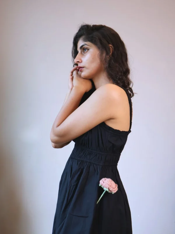 Black Smocked Strappy Maxi Dress with Pockets | Pocket Dress Woman wearing black smocked strappy maxi dress with invisible side pockets, Pocket Dress India