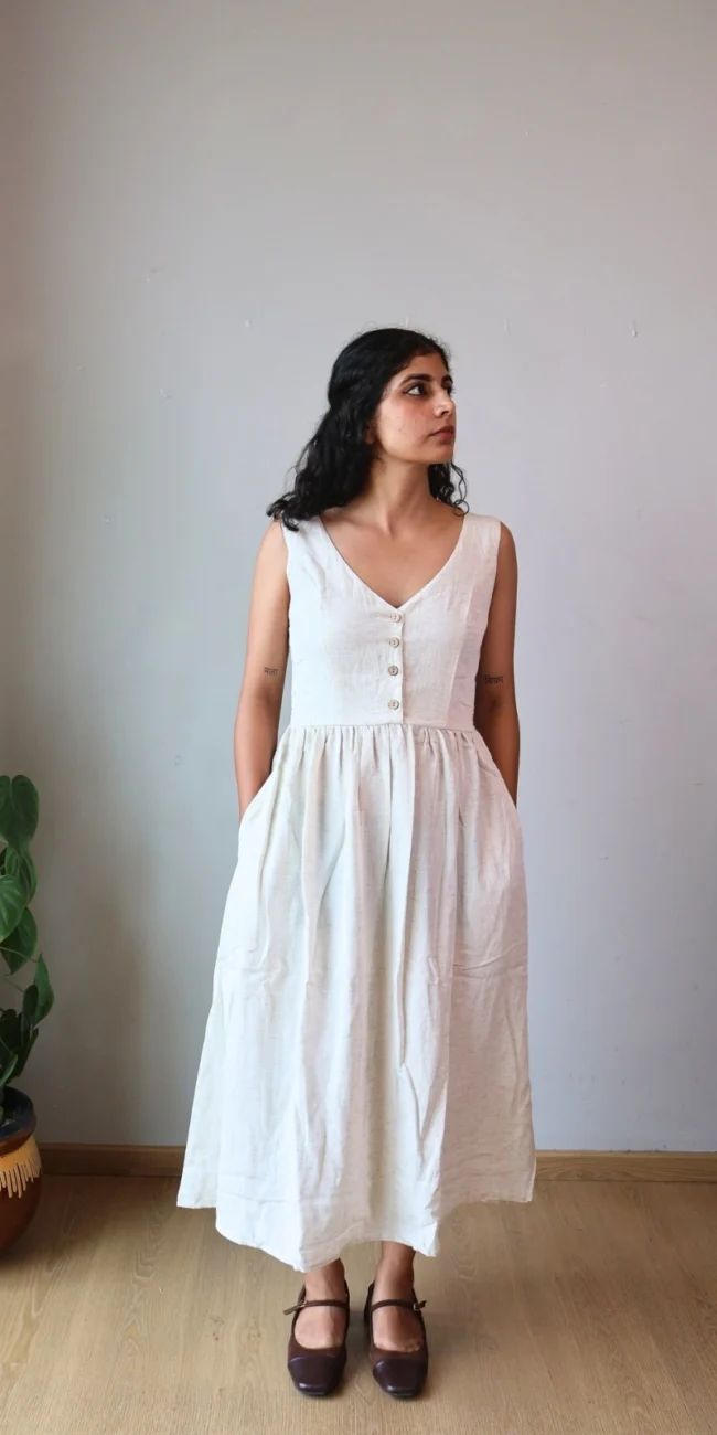 Woman wearing ivory V-neck midi dress with button accents and invisible side pockets, Pocket Dress India