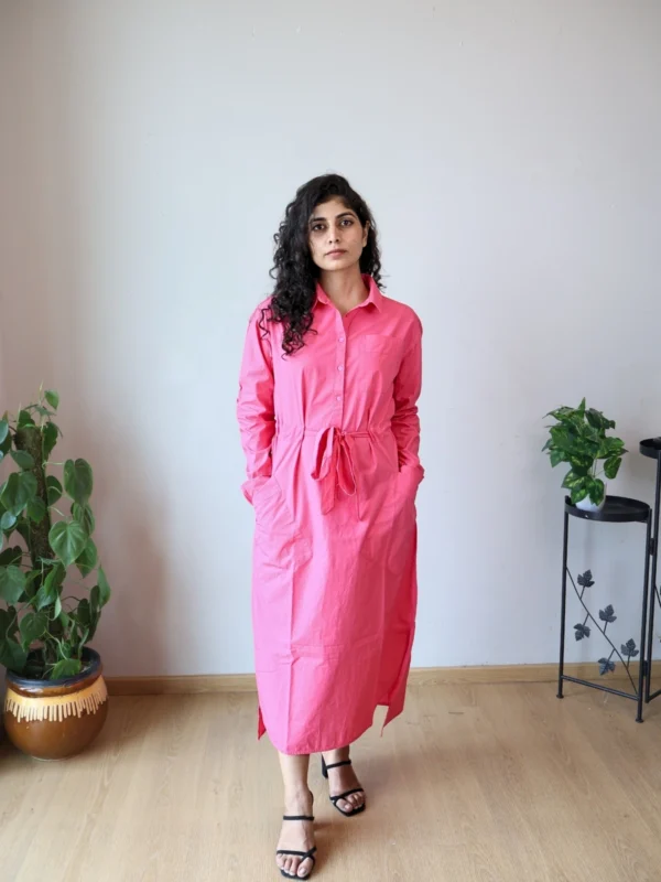 Pink Shirt Dress with Pockets | Pocket Dress Woman wearing hot pink button-down shirt dress with waist tie and invisible side pockets, Pocket Dress India