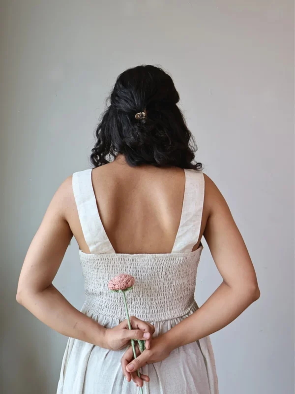 Ivory V-Neck Midi Dress with Pockets | Pocket Dress Woman wearing ivory V-neck midi dress with button accents and invisible side pockets, Pocket Dress India