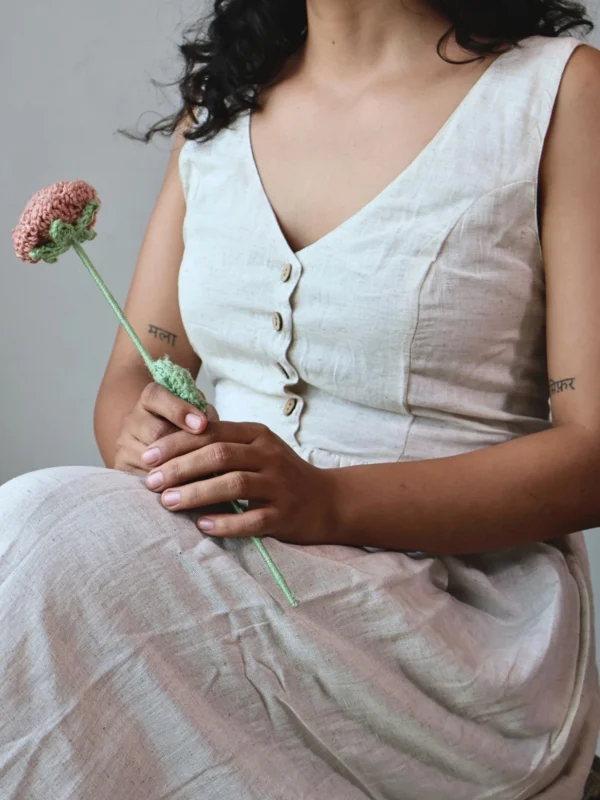 Ivory V-Neck Midi Dress with Pockets | Pocket Dress Woman wearing ivory V-neck midi dress with button accents and invisible side pockets, Pocket Dress India