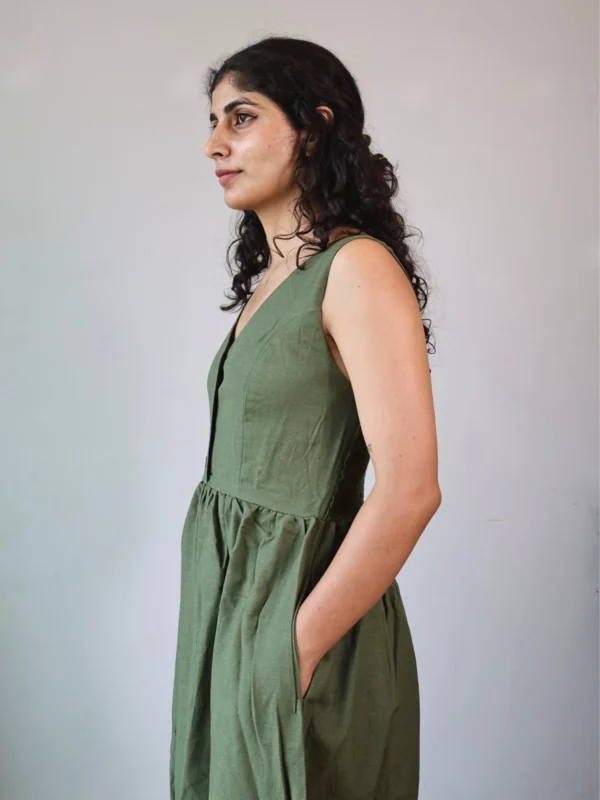 Olive V-Neck Midi Dress with Pockets | Pocket Dress Woman wearing olive green sleeveless V-neck midi dress with invisible side pockets, Pocket Dress India