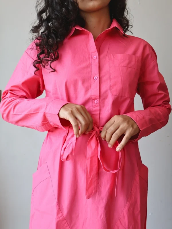 Pink Shirt Dress with Pockets | Pocket Dress Woman wearing hot pink button-down shirt dress with waist tie and invisible side pockets, Pocket Dress India