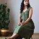 Olive V-Neck Midi Dress with Pockets | Pocket Dress Woman wearing olive green sleeveless V-neck midi dress with invisible side pockets, Pocket Dress India