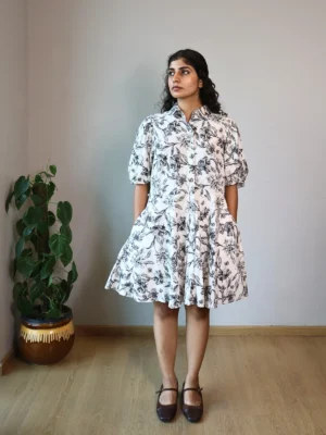 Black & White Floral Puff Sleeve Shirt Dress | Pocket Dress Woman wearing black and white botanical print shirt dress with puff sleeves and invisible side pockets, Pocket Dress India