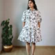 Black & White Floral Puff Sleeve Shirt Dress | Pocket Dress Woman wearing black and white botanical print shirt dress with puff sleeves and invisible side pockets, Pocket Dress India