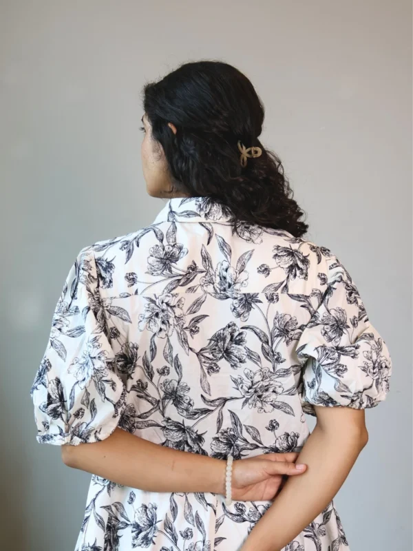 Black & White Floral Puff Sleeve Shirt Dress | Pocket Dress Woman wearing black and white botanical print shirt dress with puff sleeves and invisible side pockets, Pocket Dress India