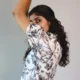 Black & White Floral Puff Sleeve Shirt Dress | Pocket Dress Woman wearing black and white botanical print shirt dress with puff sleeves and invisible side pockets, Pocket Dress India