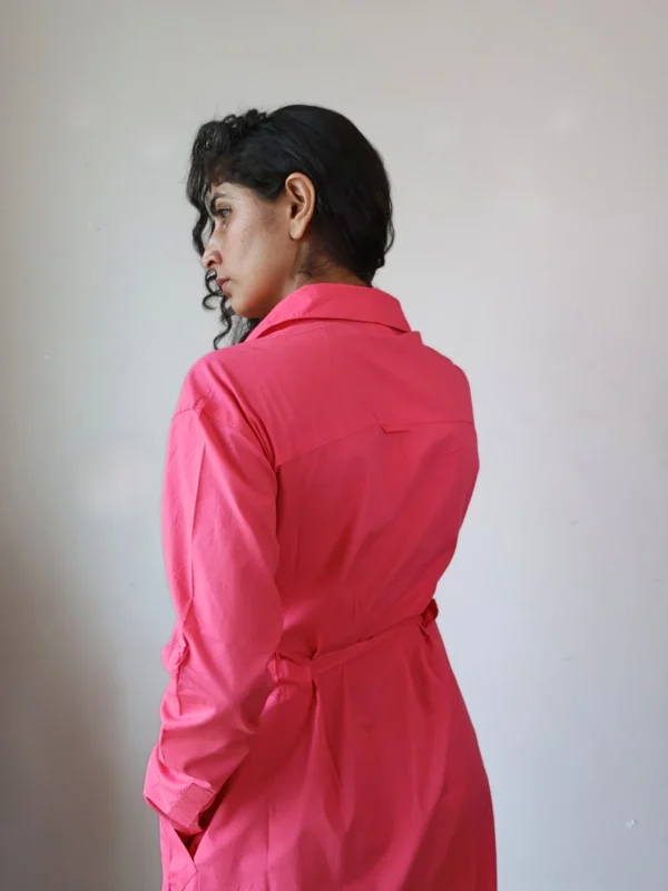 Pink Shirt Dress with Pockets | Pocket Dress Woman wearing hot pink button-down shirt dress with waist tie and invisible side pockets, Pocket Dress India