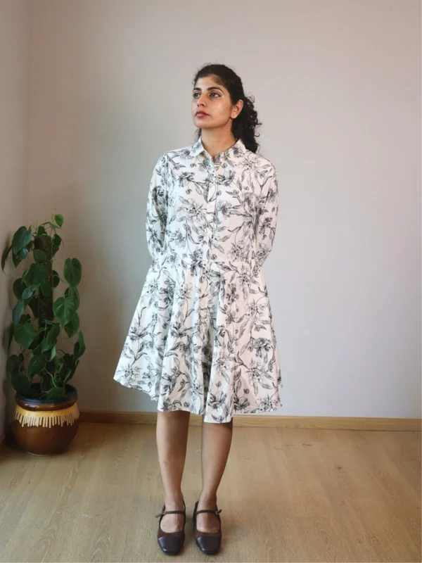 Black & White Floral Sketch Shirt Dress with Pockets | Pocket Dress Woman wearing black and white botanical sketch print shirt dress with invisible side pockets, Pocket Dress India