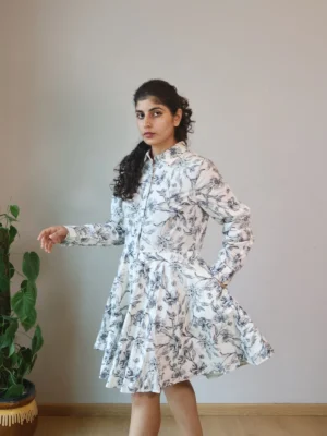 Black & White Floral Sketch Shirt Dress with Pockets | Pocket Dress Woman wearing black and white botanical sketch print shirt dress with invisible side pockets, Pocket Dress India