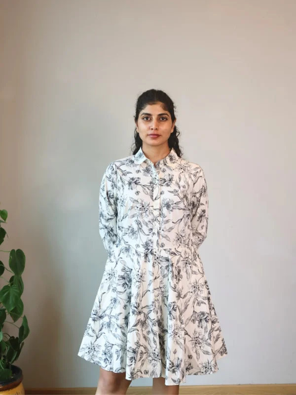 Black & White Floral Sketch Shirt Dress with Pockets | Pocket Dress Woman wearing black and white botanical sketch print shirt dress with invisible side pockets, Pocket Dress India