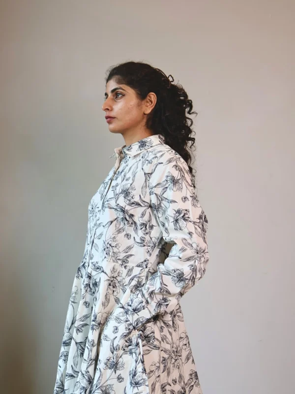 64Black & White Floral Sketch Shirt Dress with Pockets | Pocket Dress Woman wearing black and white botanical sketch print shirt dress with invisible side pockets, Pocket Dress India