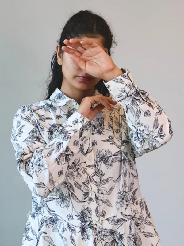 Black & White Floral Sketch Shirt Dress with Pockets | Pocket Dress Woman wearing black and white botanical sketch print shirt dress with invisible side pockets, Pocket Dress India