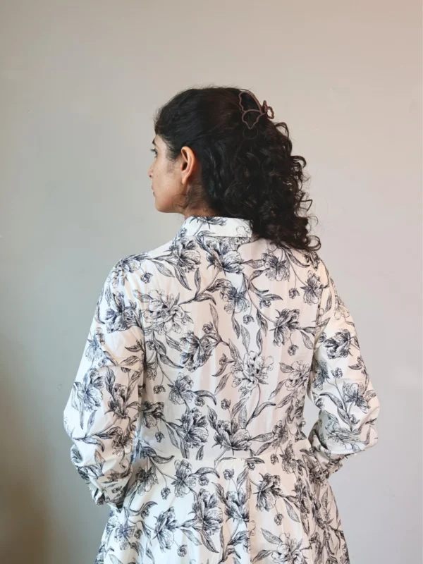 Black & White Floral Sketch Shirt Dress with Pockets | Pocket Dress Woman wearing black and white botanical sketch print shirt dress with invisible side pockets, Pocket Dress India