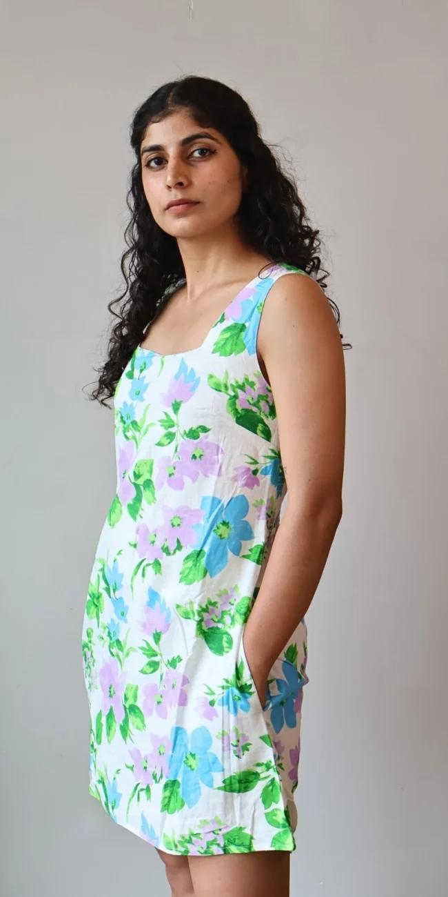 floral mini dress with pockets - pastel A-line dress front view