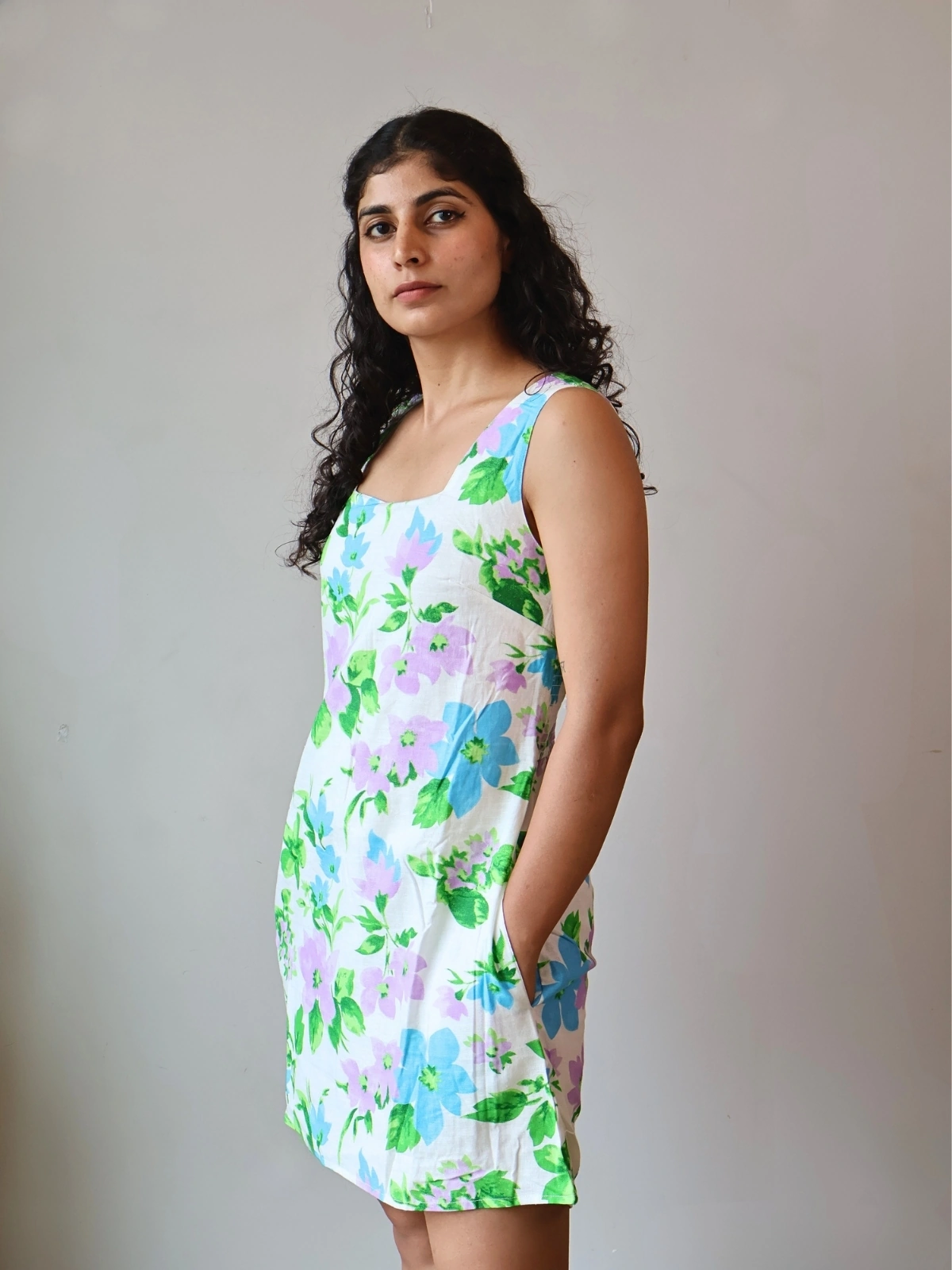 floral mini dress with pockets - pastel A-line dress front view