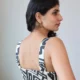 Monochrome Abstract Print Mini Dress with Pockets | Pocket Dress Woman wearing black and off-white geometric abstract print A-line mini dress with invisible side pockets, Pocket Dress India