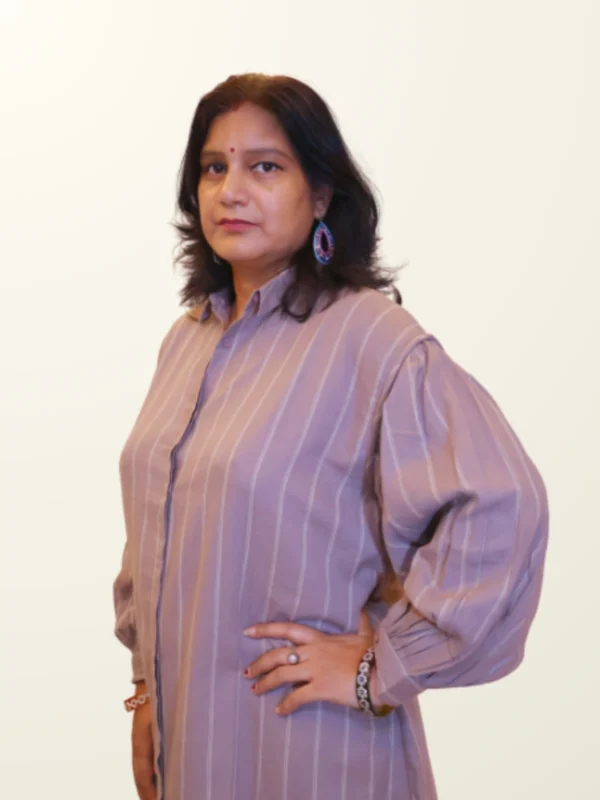 Mauve Pinstripe Shirt Dress with Pockets | Pocket Dress Woman wearing dusty mauve pinstripe oversized shirt dress with gathered sleeves and invisible side pockets, Pocket Dress India