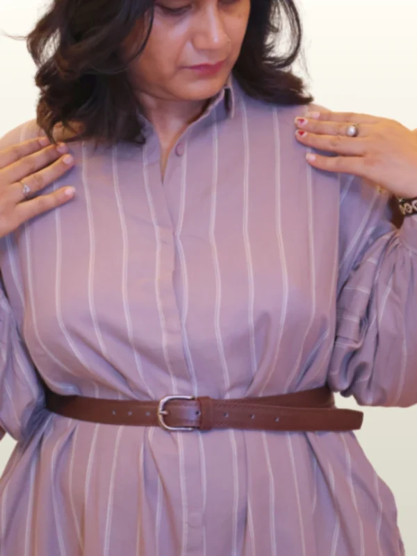 Mauve Pinstripe Shirt Dress with Pockets | Pocket Dress Woman wearing dusty mauve pinstripe oversized shirt dress with gathered sleeves and invisible side pockets, Pocket Dress India