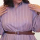 Mauve Pinstripe Shirt Dress with Pockets | Pocket Dress Woman wearing dusty mauve pinstripe oversized shirt dress with gathered sleeves and invisible side pockets, Pocket Dress India