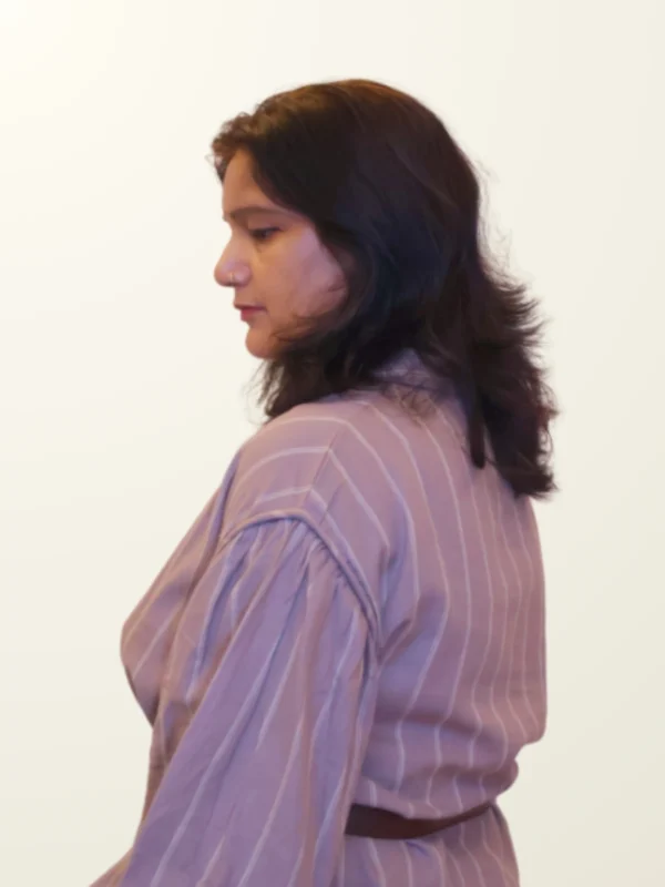 Mauve Pinstripe Shirt Dress with Pockets | Pocket Dress Woman wearing dusty mauve pinstripe oversized shirt dress with gathered sleeves and invisible side pockets, Pocket Dress India