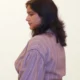 Mauve Pinstripe Shirt Dress with Pockets | Pocket Dress Woman wearing dusty mauve pinstripe oversized shirt dress with gathered sleeves and invisible side pockets, Pocket Dress India