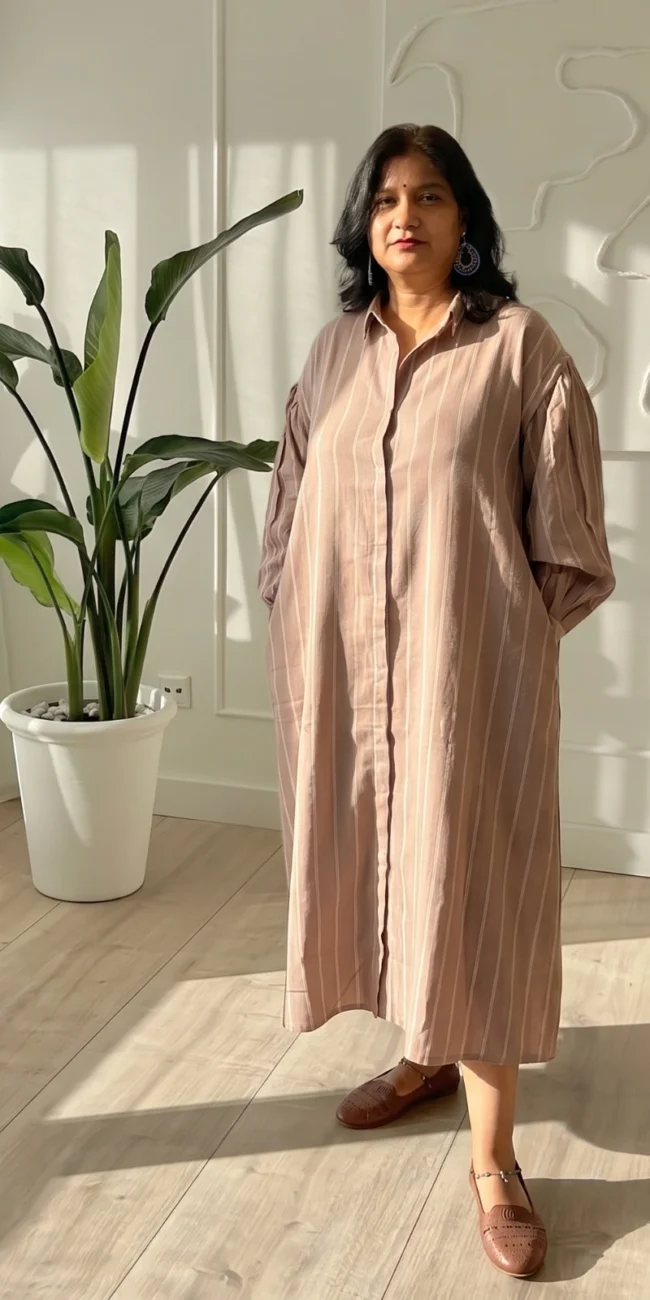 Woman wearing dusty mauve pinstripe oversized shirt dress with gathered sleeves and invisible side pockets, Pocket Dress India