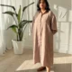 Mauve Pinstripe Shirt Dress with Pockets | Pocket Dress Woman wearing dusty mauve pinstripe oversized shirt dress with gathered sleeves and invisible side pockets, Pocket Dress India