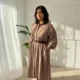 Mauve Pinstripe Shirt Dress with Pockets | Pocket Dress Woman wearing dusty mauve pinstripe oversized shirt dress with gathered sleeves and invisible side pockets, Pocket Dress India