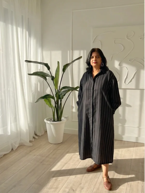 Charcoal Pinstripe Shirt Dress with Pockets | Pocket Dress Woman wearing charcoal pinstripe button-down shirt dress with invisible side pockets, Pocket Dress India