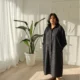 Charcoal Pinstripe Shirt Dress with Pockets | Pocket Dress Woman wearing charcoal pinstripe button-down shirt dress with invisible side pockets, Pocket Dress India