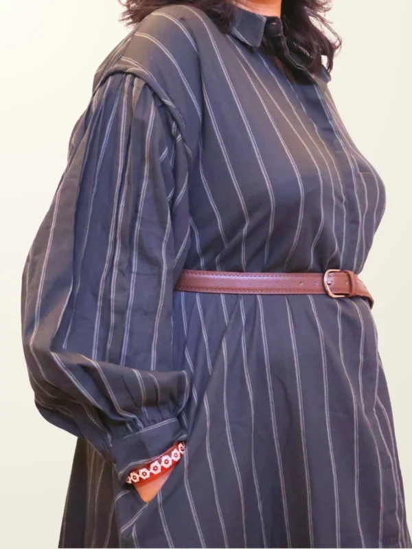Charcoal Pinstripe Shirt Dress with Pockets | Pocket Dress Woman wearing charcoal pinstripe button-down shirt dress with invisible side pockets, Pocket Dress India