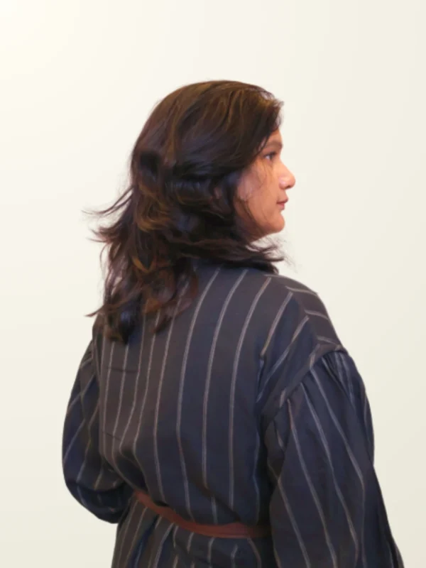 Charcoal Pinstripe Shirt Dress with Pockets | Pocket Dress Woman wearing charcoal pinstripe button-down shirt dress with invisible side pockets, Pocket Dress India