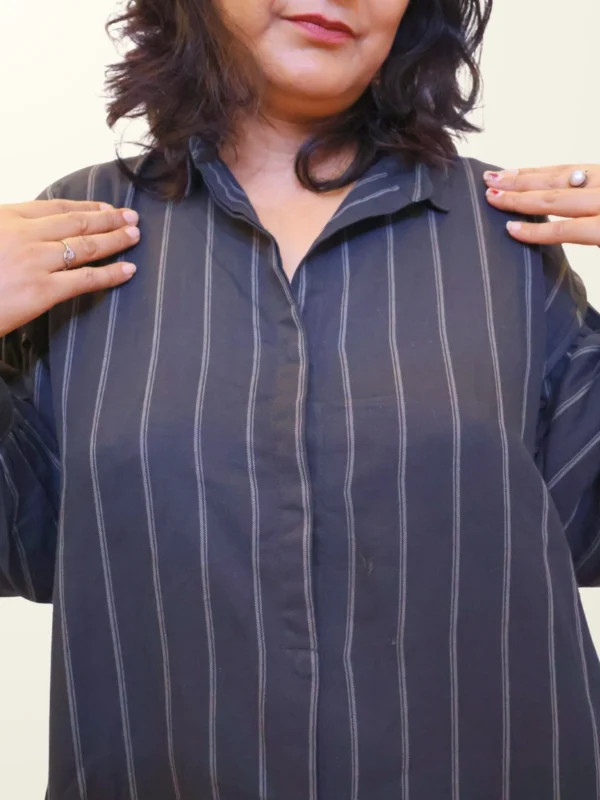 Charcoal Pinstripe Shirt Dress with Pockets | Pocket Dress Woman wearing charcoal pinstripe button-down shirt dress with invisible side pockets, Pocket Dress India